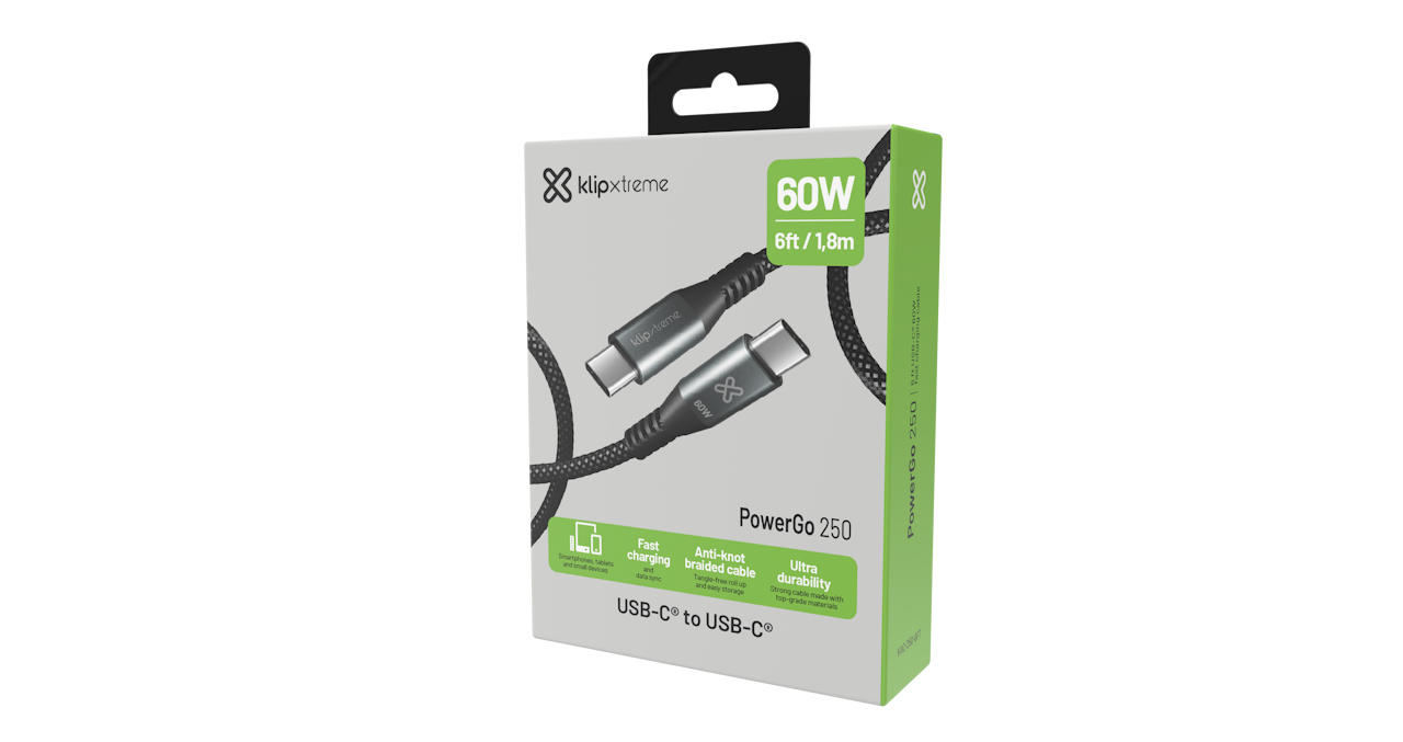 CABLE KLIP XTREME USB-C MACHO a USB-C MACHO 6 PIES (1.8m) CARGA RAPIDA 60W 480 MBPS