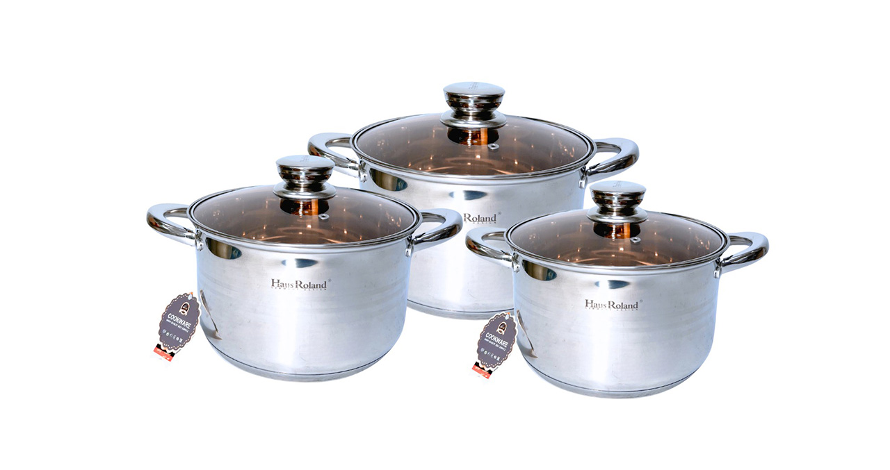 SET DE OLLAS HAUS ROLAND ACERO INOX POLARIS HR172-6 / TAPA VIDRIO COLOR  6 PIEZAS